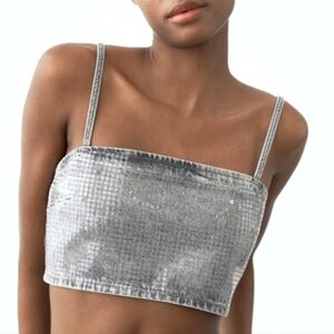 NEW Zara Sparkly Grey Distressed Stonewash Denim Crop Top